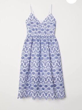 H&M Blue & White Embroidered Spaghetti-Strap Midi Dress